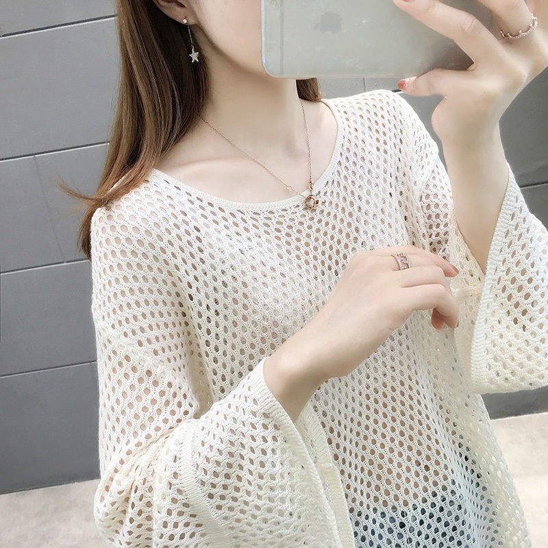 大码镂空针织衫女短款宽松罩衫新款薄款夏装喇叭袖网衫宽松蝙蝠衫