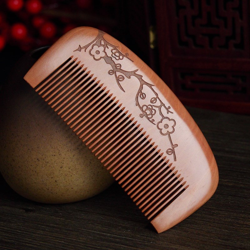 郎府老桃木梳子古典雕花半月桃花便携款桃花顺发造型梳细齿男女士