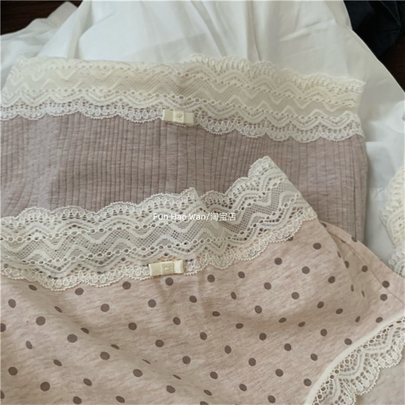 温柔氛围感秋日奶茶~蕾丝边边拼接 女士圆点条纹内裤 包臀透气