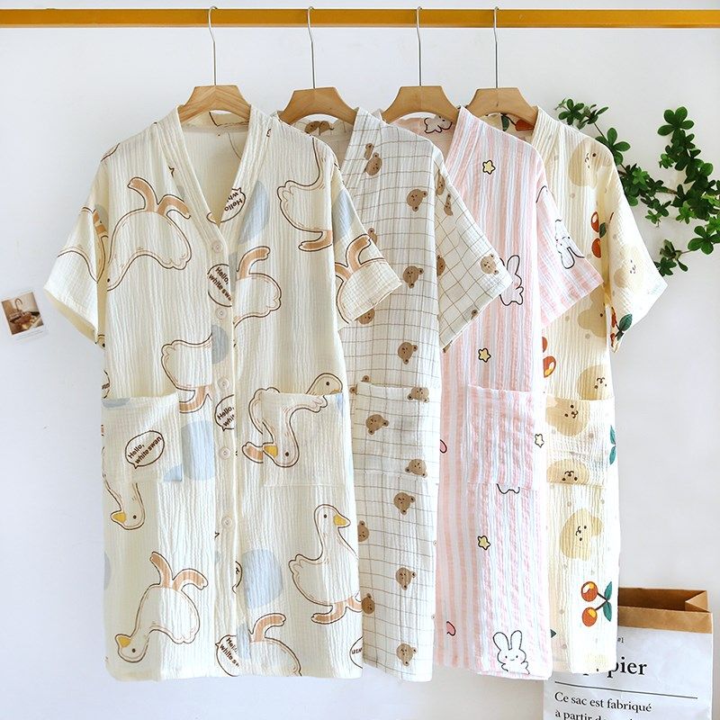 纯棉睡裙女夏季短袖甜美可爱卡通全棉双层绉纱布宽松薄款睡袍睡衣