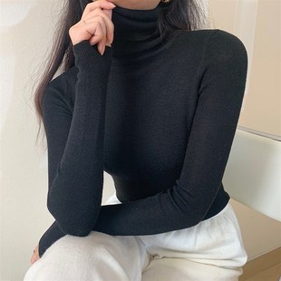 孔雀蓝湖蓝色毛衣女修身显瘦叠穿内搭亮蓝色堆堆高领打底针织上衣