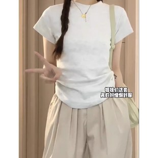 甜辣休闲百搭上衣夏 大码 胖妹妹米灰色修身 显瘦正肩t恤女短袖 新款