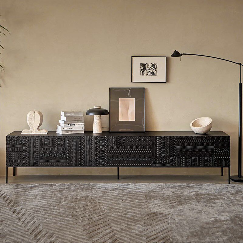 复古电视柜实木收纳储物柜一体轻奢高级感小户型家用落地黑色边柜