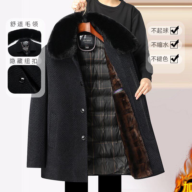 中老年男士新款父亲冬装外套高档加厚翻领毛呢大衣男中长款爸爸装