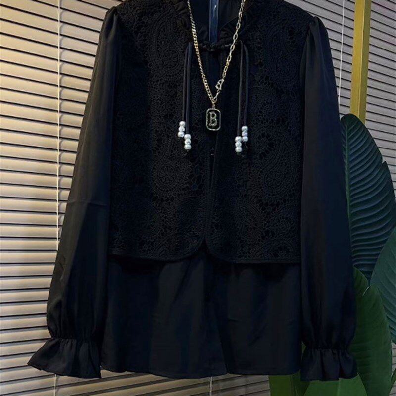 2023秋季款大码女装立领盘扣拼接衬衫胖mm气质显瘦长袖上衣假两件