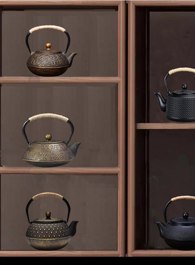 样板房软装新中式家居博古架酒柜摆件铸铁壶茶壶茶叶罐茶具摆设