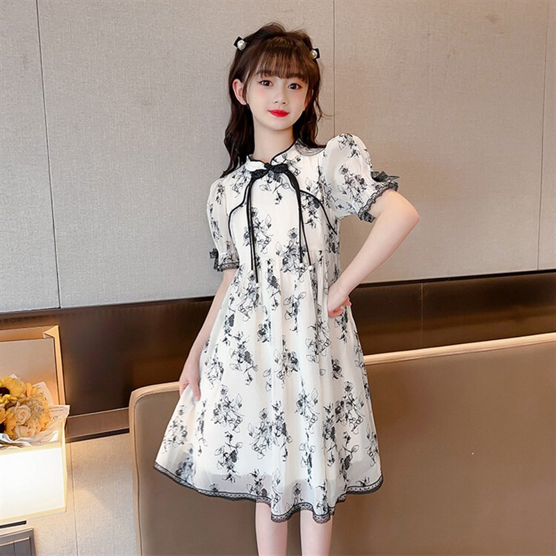 女童连衣裙夏季2023新款儿童中国风复古女孩休闲中大童水墨画长裙