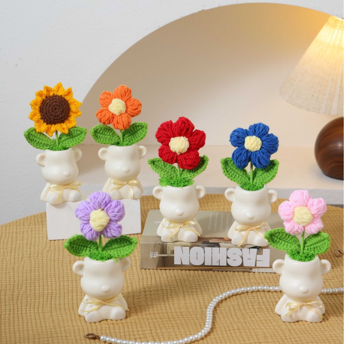 手工针织仿真毛线花桌面摆件成品