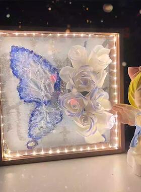 手工DIY蓝色玫瑰花蝴蝶肌理画相框材料装饰摆台送女朋情人节礼物