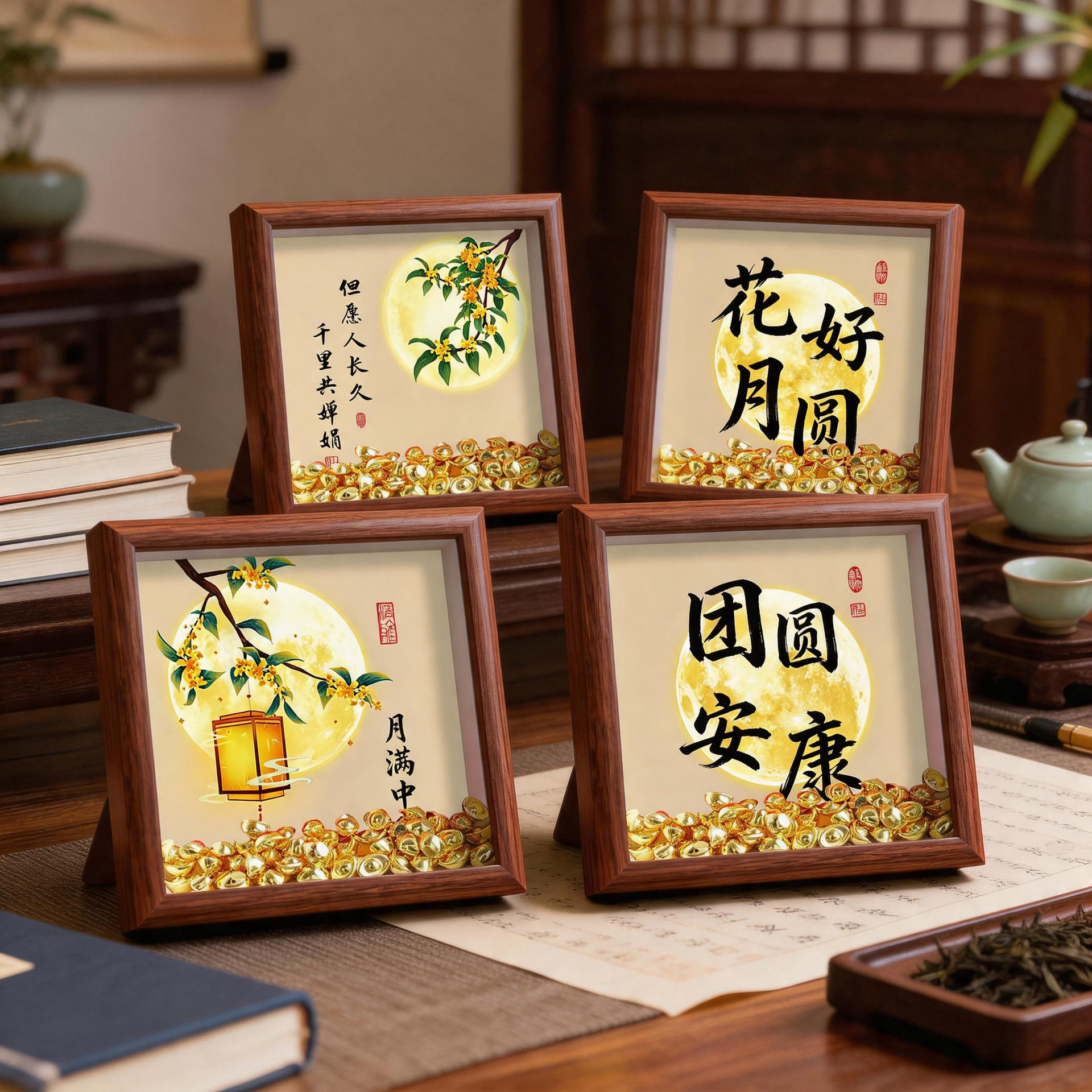 中秋花好月圆中式实木摆台相框