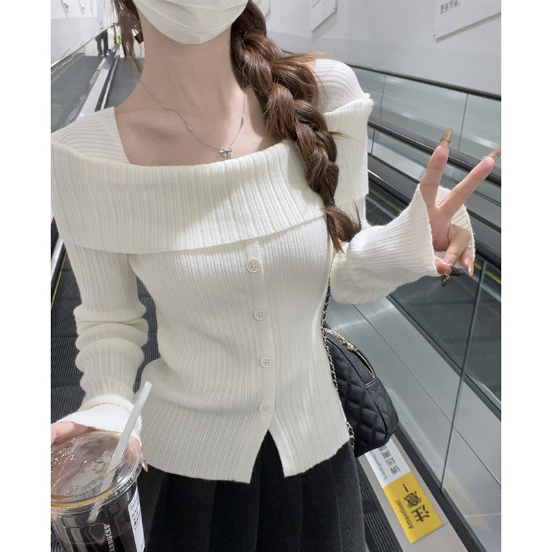 一字肩长袖t恤女秋冬季高级小众不撞款收腰显瘦独特漂亮上衣