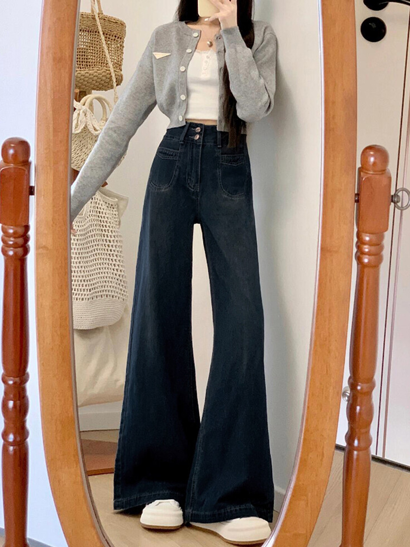 秋季新款梨形身材覆古牛仔裤女高腰大码胖mm宽松遮胯显瘦阔腿裤子