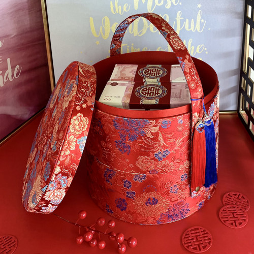 订婚结婚礼金箱聘礼彩礼提亲订亲陪H嫁饰品盒新中式子孙桶圆形