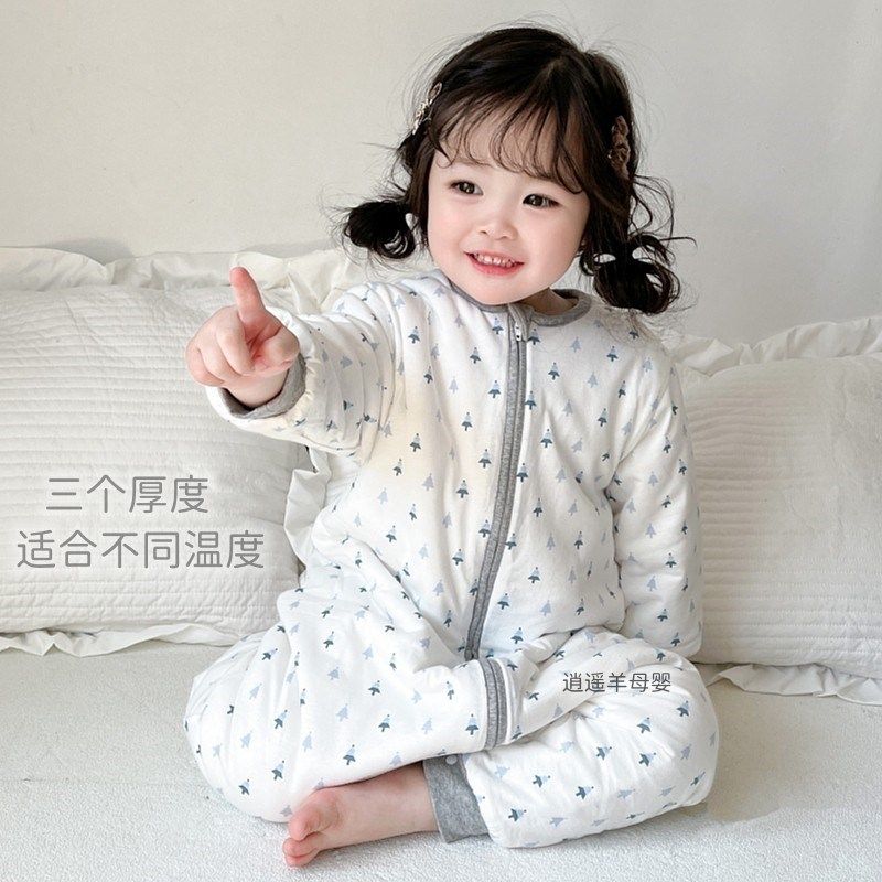 婴儿睡袋秋e冬宝宝纯棉薄夹棉加厚连体睡衣空调保暖新生分腿防踢