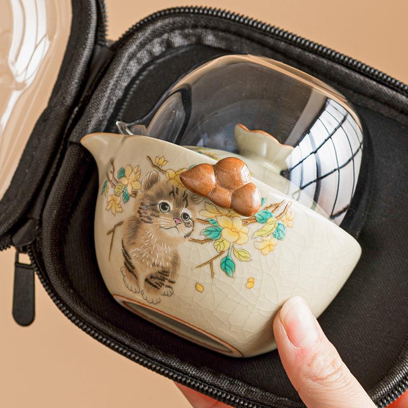 一壶二杯萌猫汝窑手抓壶旅行茶具套装便携式包户外泡茶快客杯