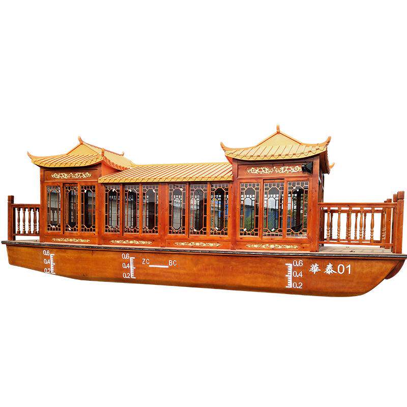 热销木船画舫船水上餐饮船公园仿古木质玻璃钢船检电动观光旅游船