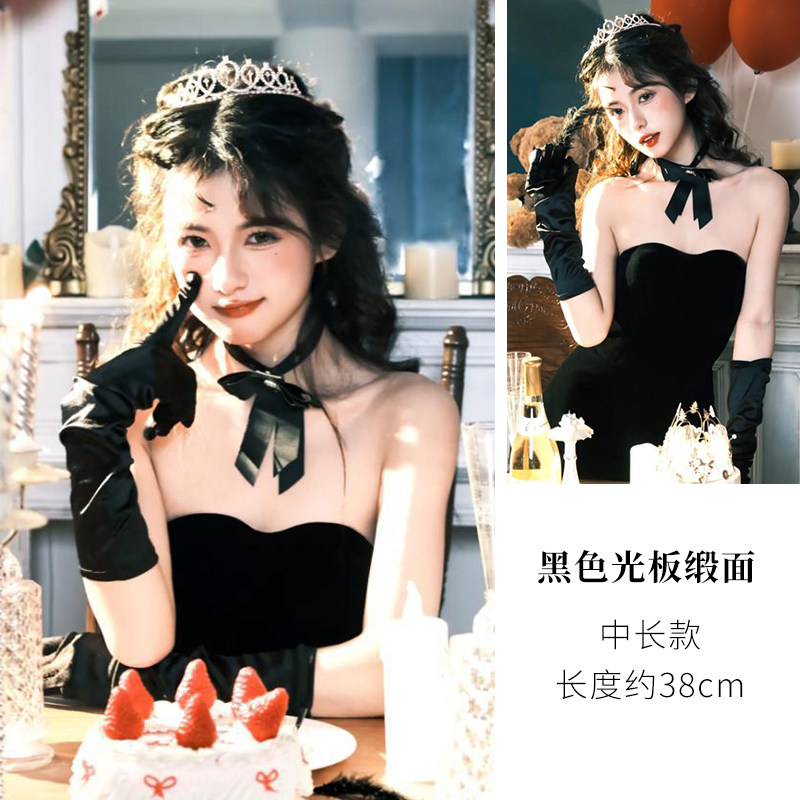 黑色高级感缎面手套长款法式复古赫本风新娘婚纱礼服生日派对拍照