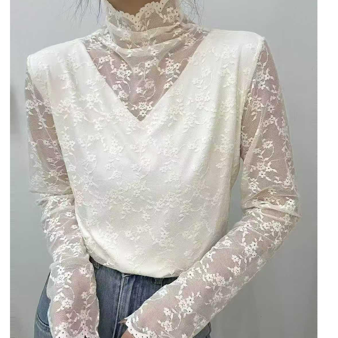 【何仙儿专享】半高领蕾丝衫抽绳打底衫秋冬长袖衬衫时尚632053,女装/女士精品,背心吊带,淘宝优惠券,粉丝福利购,淘宝优惠卷