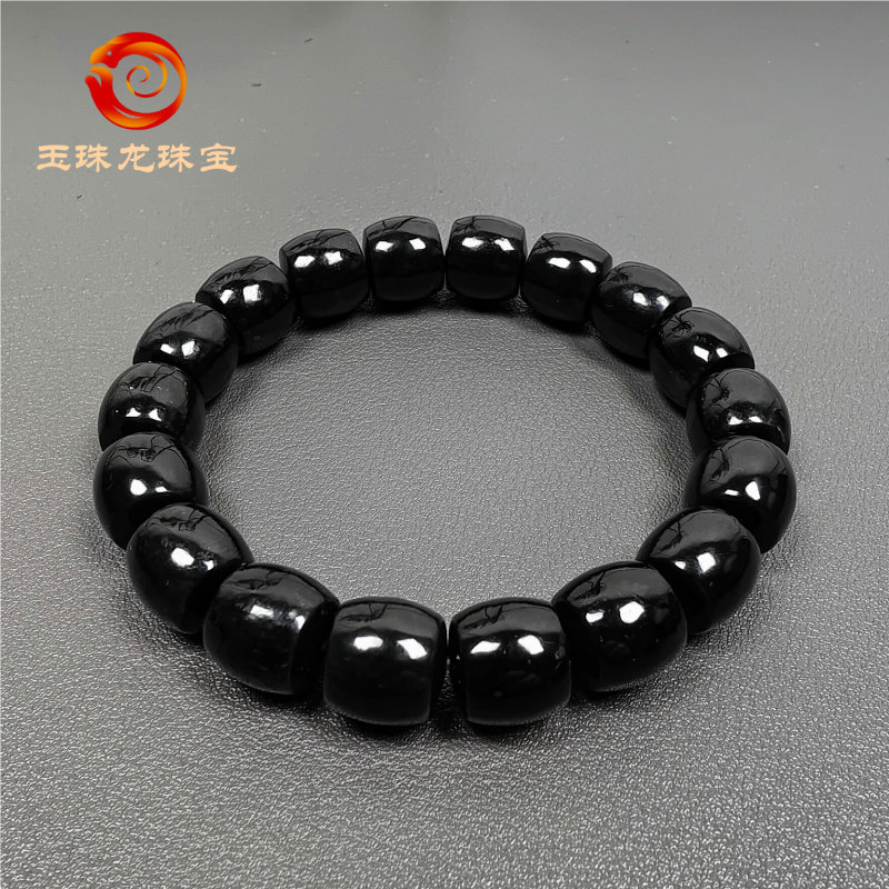 天然新疆和田玉黑羊脂玉手链直切老珠型黑墨玉黑青玉手串手持礼物