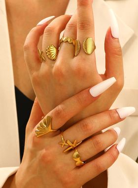 欧美跨境不锈钢开口戒指女海星海贝银杏叶指环海洋假日风手饰