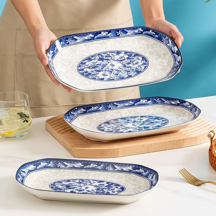 鱼盘家用大号高档盘子创意蒸鱼盘长方形菜盘日式和风陶瓷餐盘
