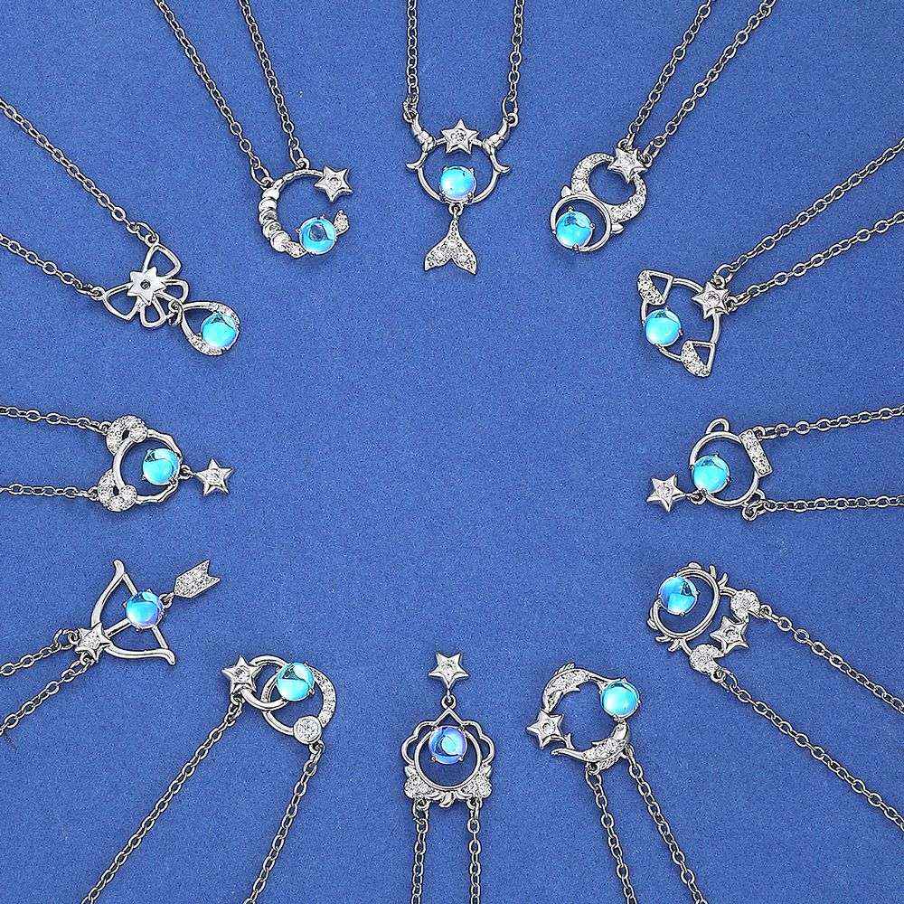 新款十二星座项链女个性气质铜镶钻镂空月光石吊坠锁骨链生辰礼物