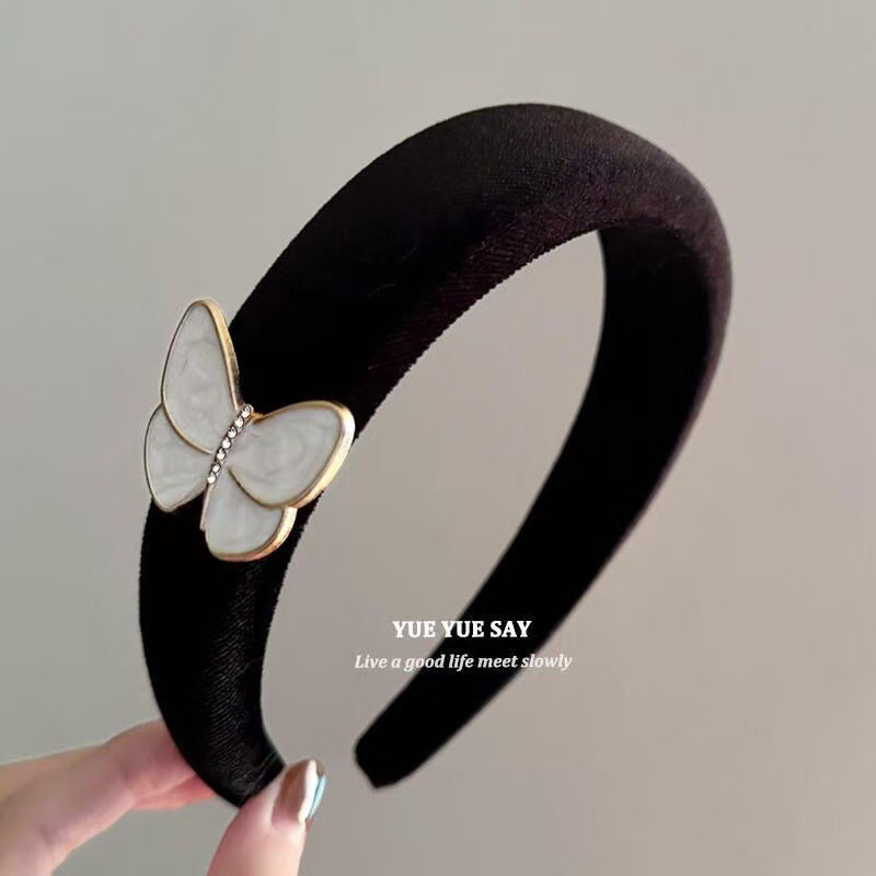 法式少女感黑色丝绒立体滴釉蝴蝶发箍小众宽边高颅顶头箍气质发饰