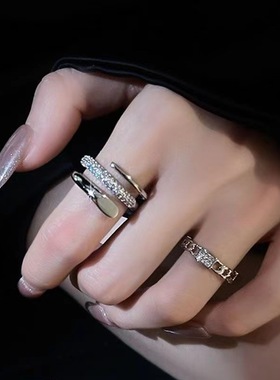 轻奢小众设计两件套开口戒指女时尚个性网红同款精致微镶食指环潮