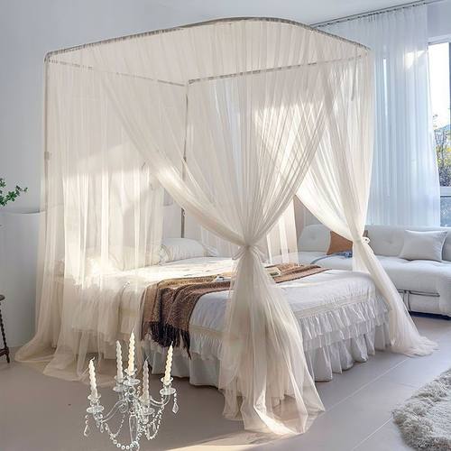 新款U型易安装蚊帐加厚伸缩 不锈钢支架三开门落地公主风蚊帐轨道