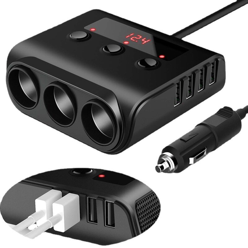 新款TR12车载点烟器4USB车载点烟器充电100W一拖三带开关电压显示