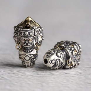 925纯银三面大黑天三通佛头普巴五股金刚杵藏式文玩手串手持配件