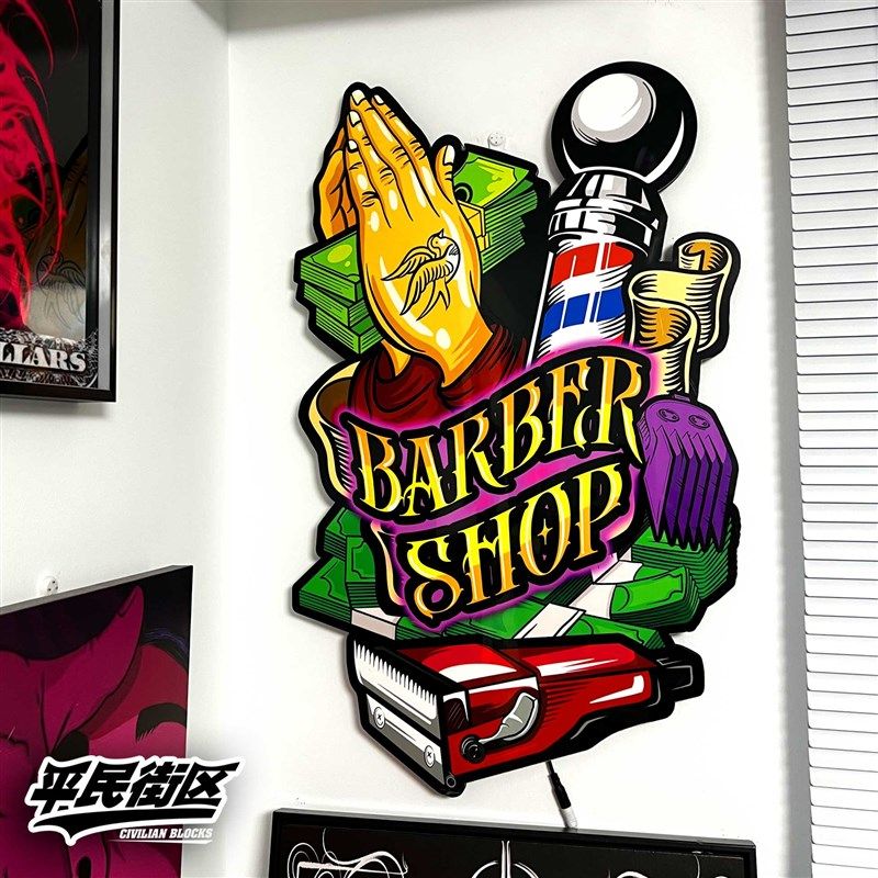 定制西海岸barbershop祈祷之手说唱理发店铺装饰开业礼品客厅发光