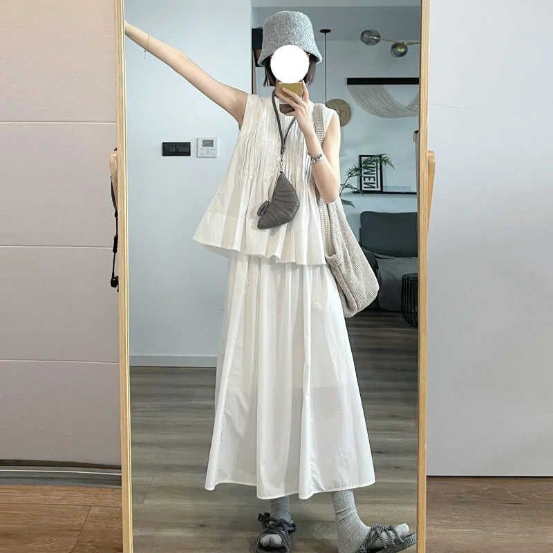 夏季女新款白色无袖背心上衣半身裙两件套装中长衬衫宽松休闲初恋