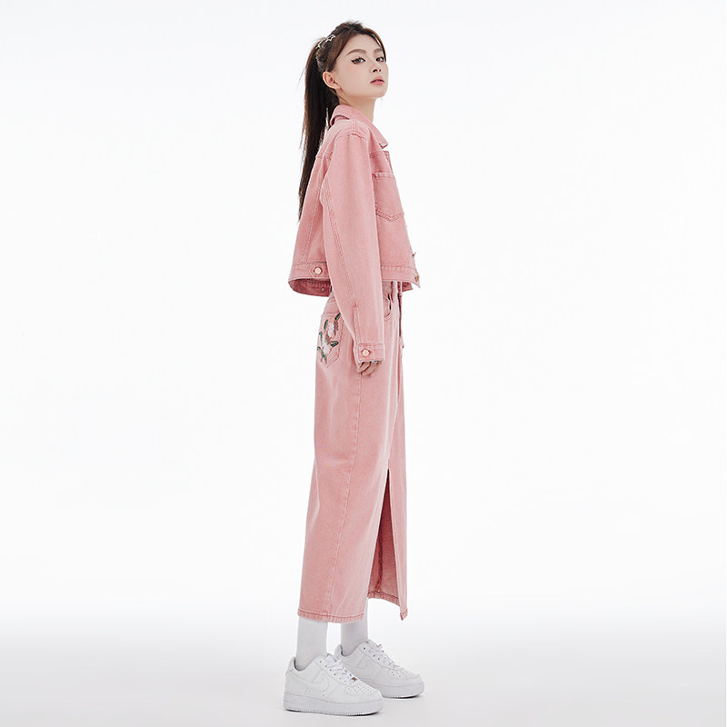 粉色牛仔套装半身裙女秋季2023年新款秋冬套装女款今年流行两件套