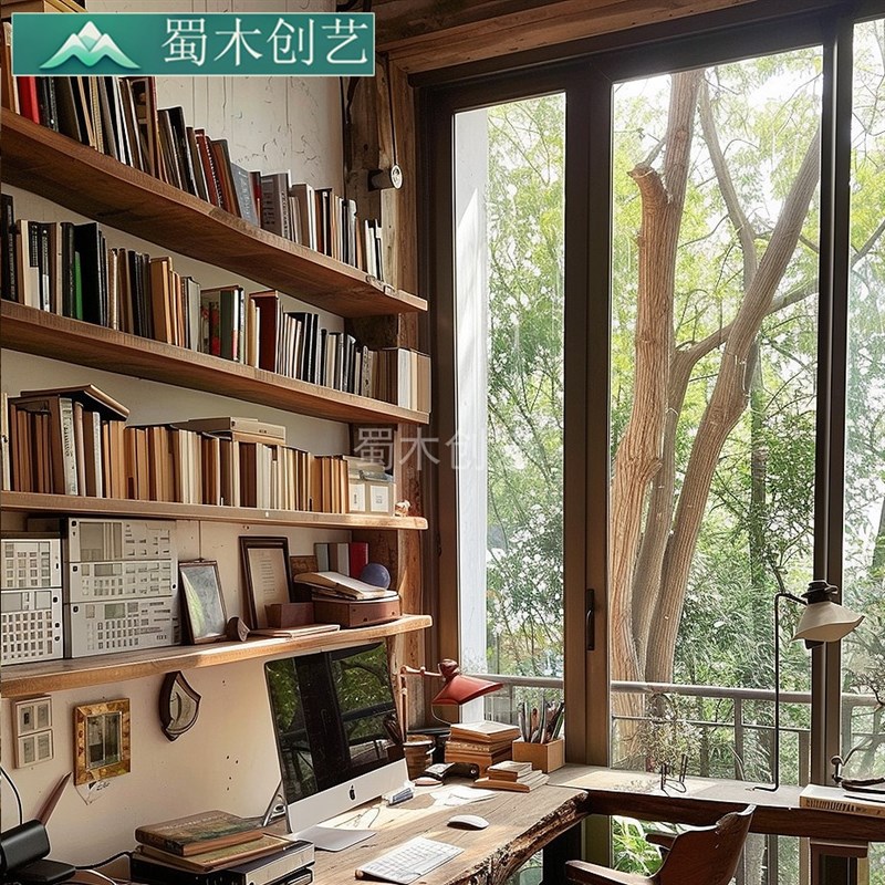 侘寂风全实木一字隔板书架满墙置物架层板挂墙收纳定制木板搁复古