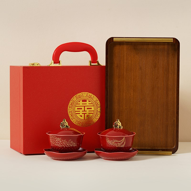 新人结婚敬茶杯套装金线边龙凤呈祥茶杯组合 红色改口敬酒杯带礼图片