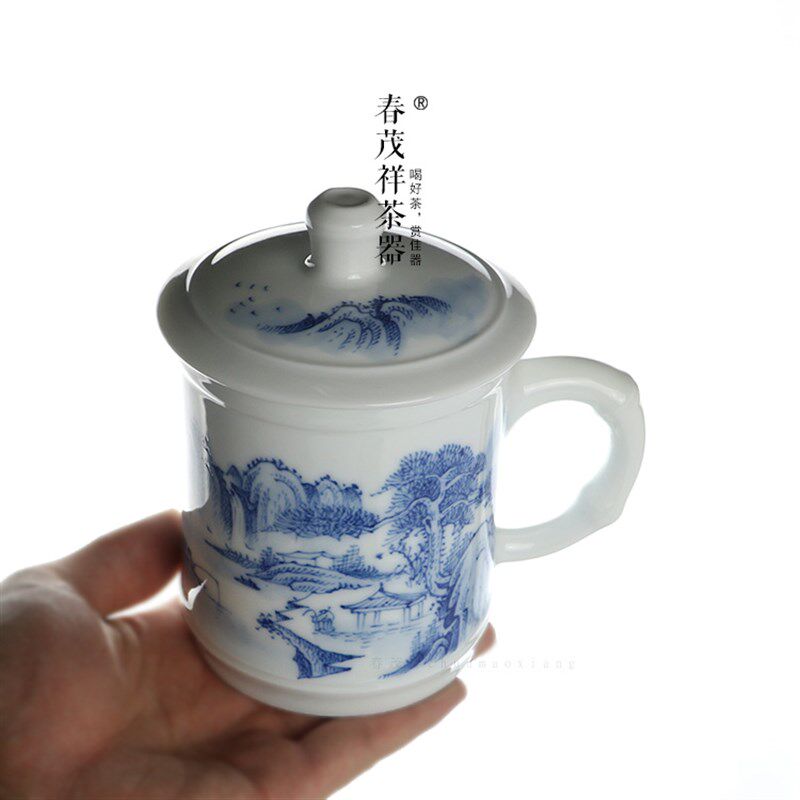 春茂祥茶具景德镇青花瓷手工个人杯纯手绘山水高档陶瓷带盖办公杯