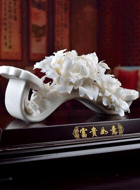 德化白瓷雕塑艺术品 中式手捏牡丹花摆件/富贵如意