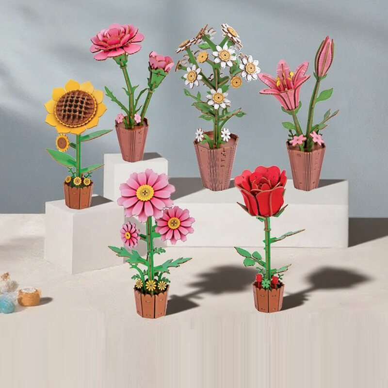 木艺繁花3D立体拼图木质康乃馨学生拼装玫瑰永生花七夕情人节礼物