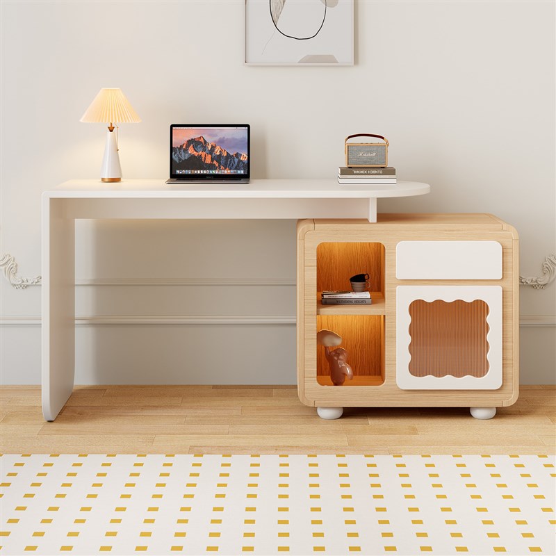书桌书柜一体奶油风转角电脑桌卧室小户型旋转梳妆台l型书架斗柜