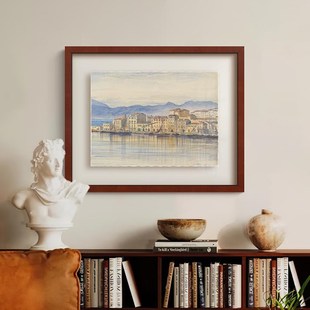 静海》蓝色水彩风景画南法风复古艺术客厅装饰画法式餐厅玄关挂画