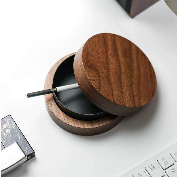 黑胡桃木烟灰缸创意个性有盖防飞灰家用办公室实木质烟灰缸