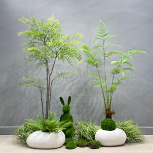 新中式别墅花园造景石头花盆酒店商场南天竹假树盆景橱窗落地摆设