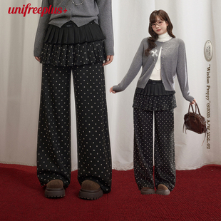 UNIFREEPLUS大码黑色波点休闲裤直筒宽松带裙边新款宽松百搭裤裙