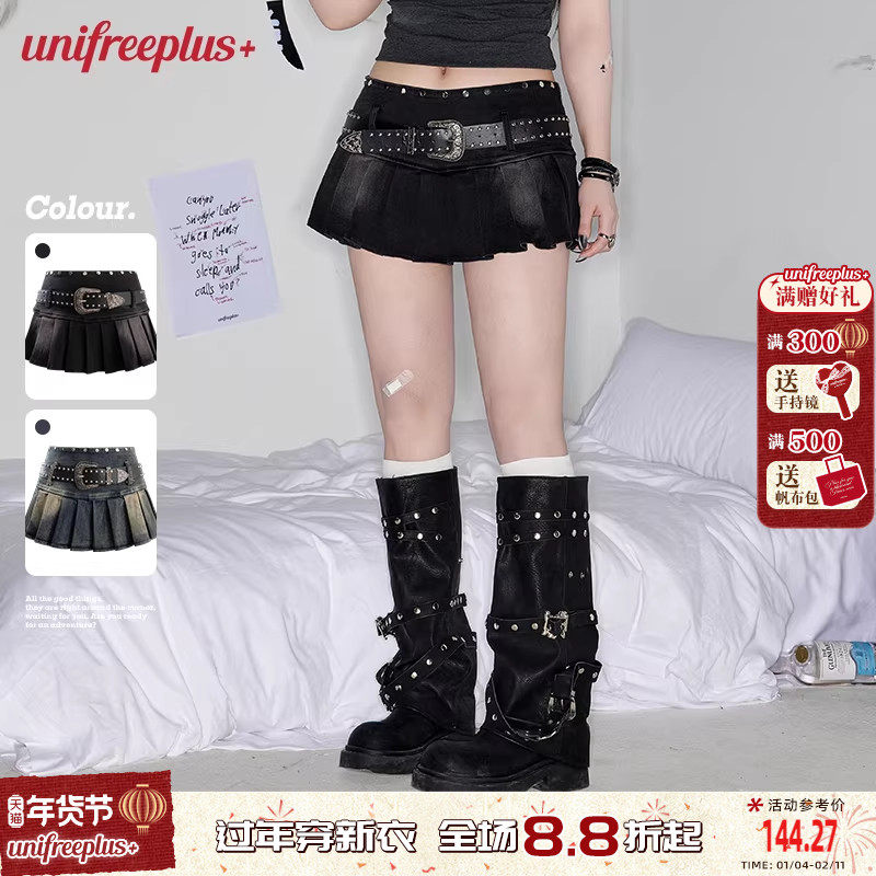 UNIFREEPLUS大码做旧牛仔半身裙潮酷辣妹低腰洋气y2k水洗百褶短裙,女装/女士精品,大码半身裙,淘宝优惠券,粉丝福利购,淘宝优惠卷