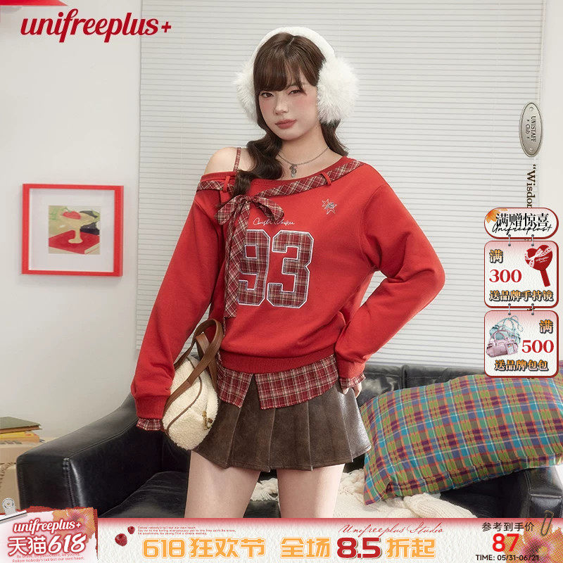 UNIFREEPLUS大码红色斜肩长袖卫衣假两件宽松格子拼接复古球衣