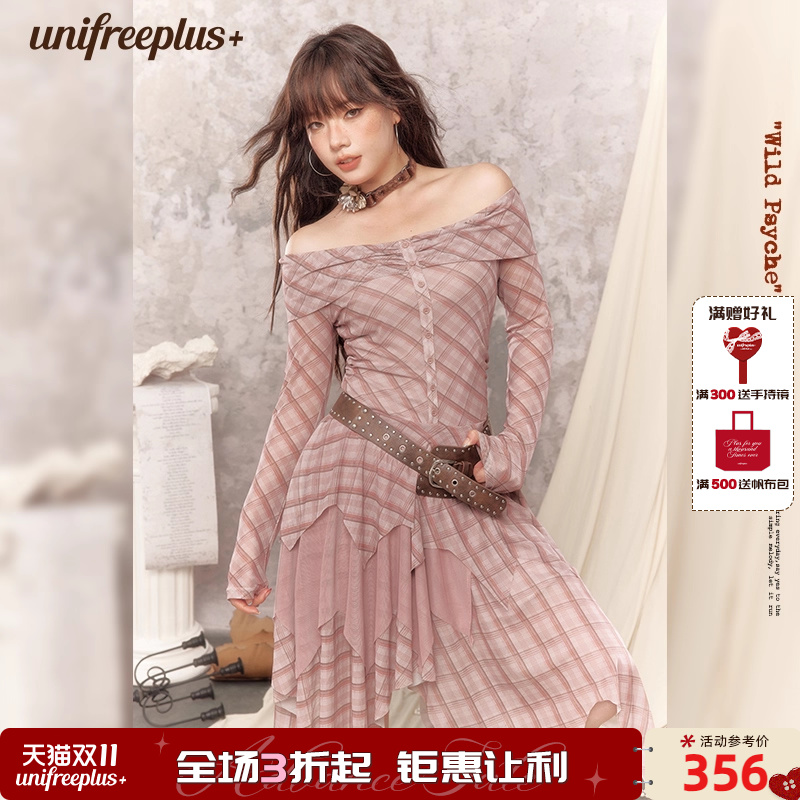 UNIFREEPLUS大码格纹长袖连衣裙