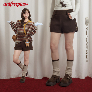 休闲直筒百搭包臀热裤 秋冬复古新款 棕色毛呢短裤 UNIFREEPLUS大码