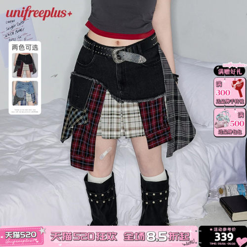 UNIFREEPLUS拼接复古炸街牛仔裙