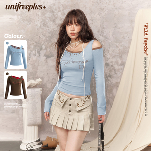 辣妹斜肩长袖 UNIFREEPLUS大码 T恤假两件收腰显瘦上衣 25年秋